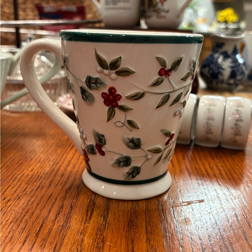 Pfaltzgraff White Mug with Green and Red Floral Design
